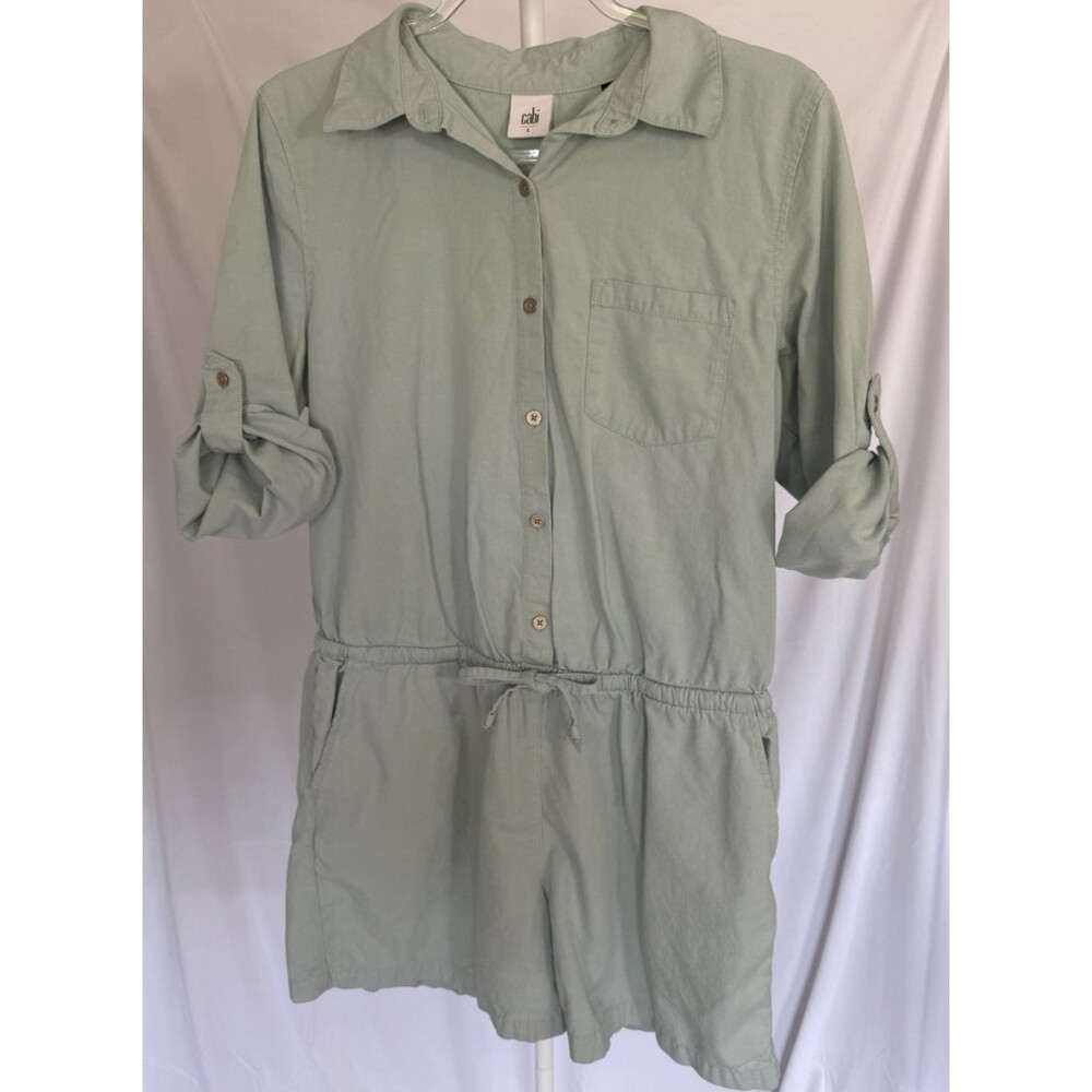 Cabi Alexa Utility Romper Light Wash Blue Chambray Drawstring Waist L